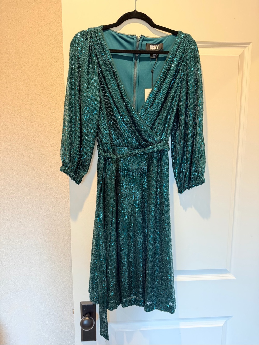 DKNY Teal Sequin Wrap Midi Dress